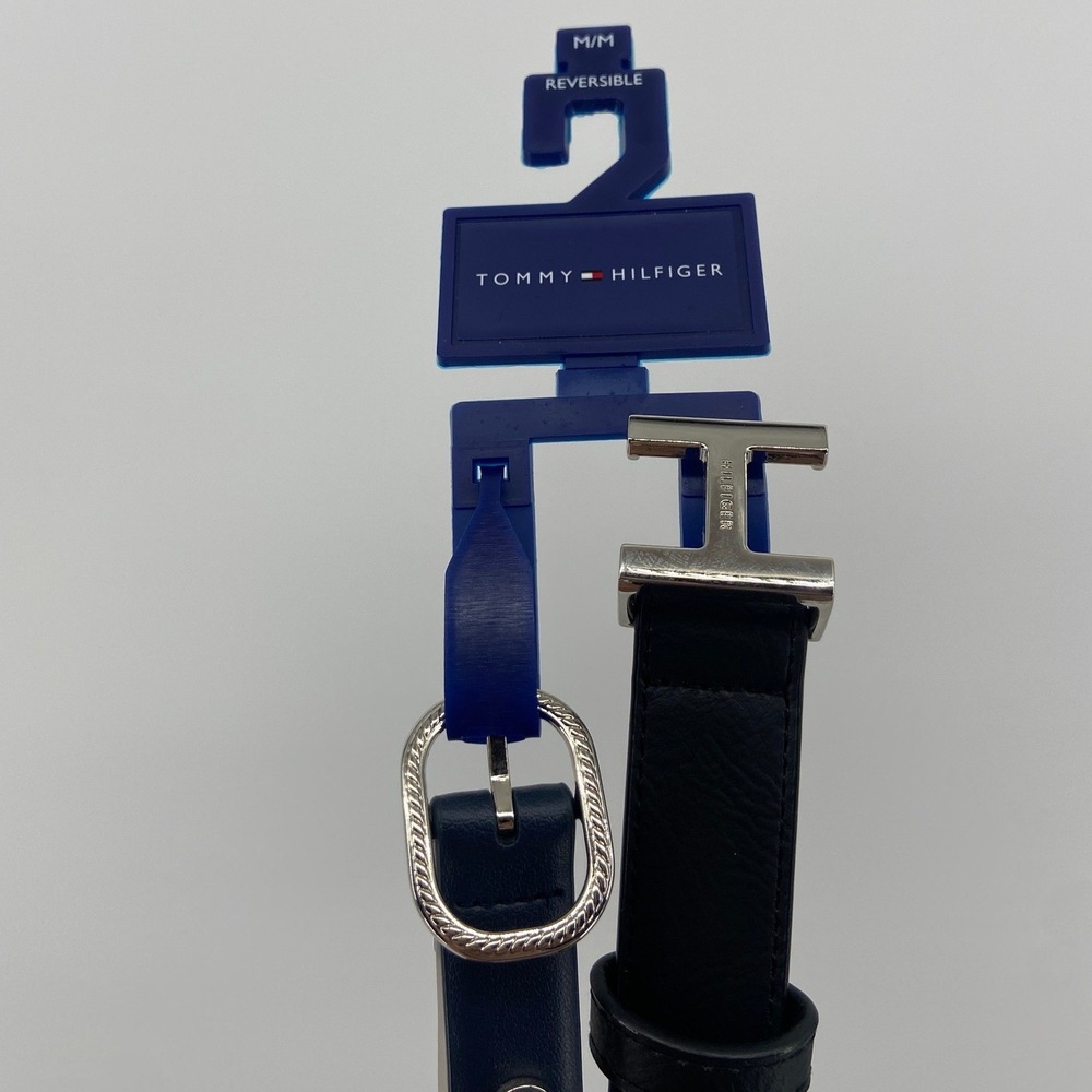 Tommy Hilfiger Womens Reversible Belt Set Navy Black Silver H Buckle MD New